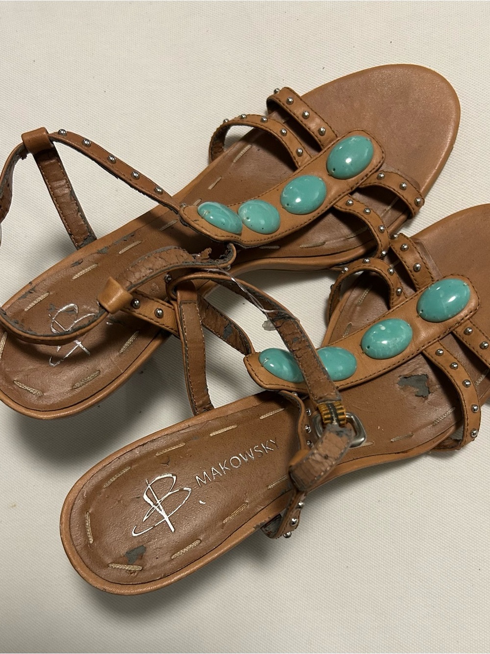 b. makowsky Tan Leather Sandals with Turquoise Accents